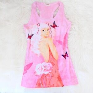 Rare Pink Anime Graphic Ribbed Tank Top – Size S/M